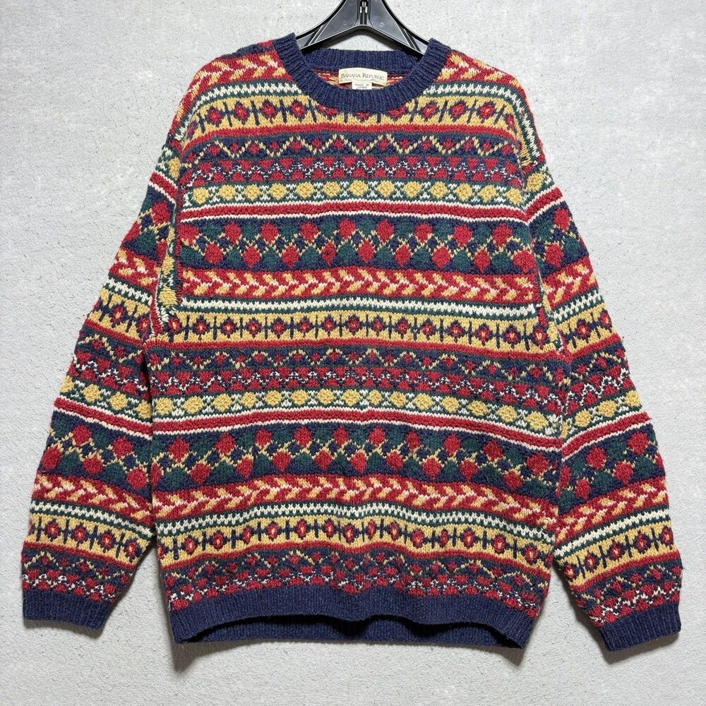 VTG Banana Republic Sweater Multicolor Large Lambswool Knit Fair Isle Pattern